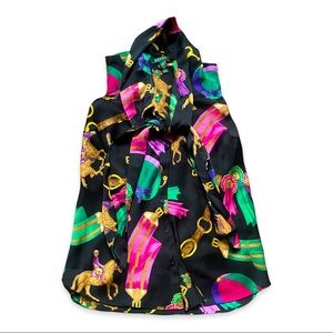 Lauren Ralph Lauren Equestrian print black colorful print sleeveless tie blouse